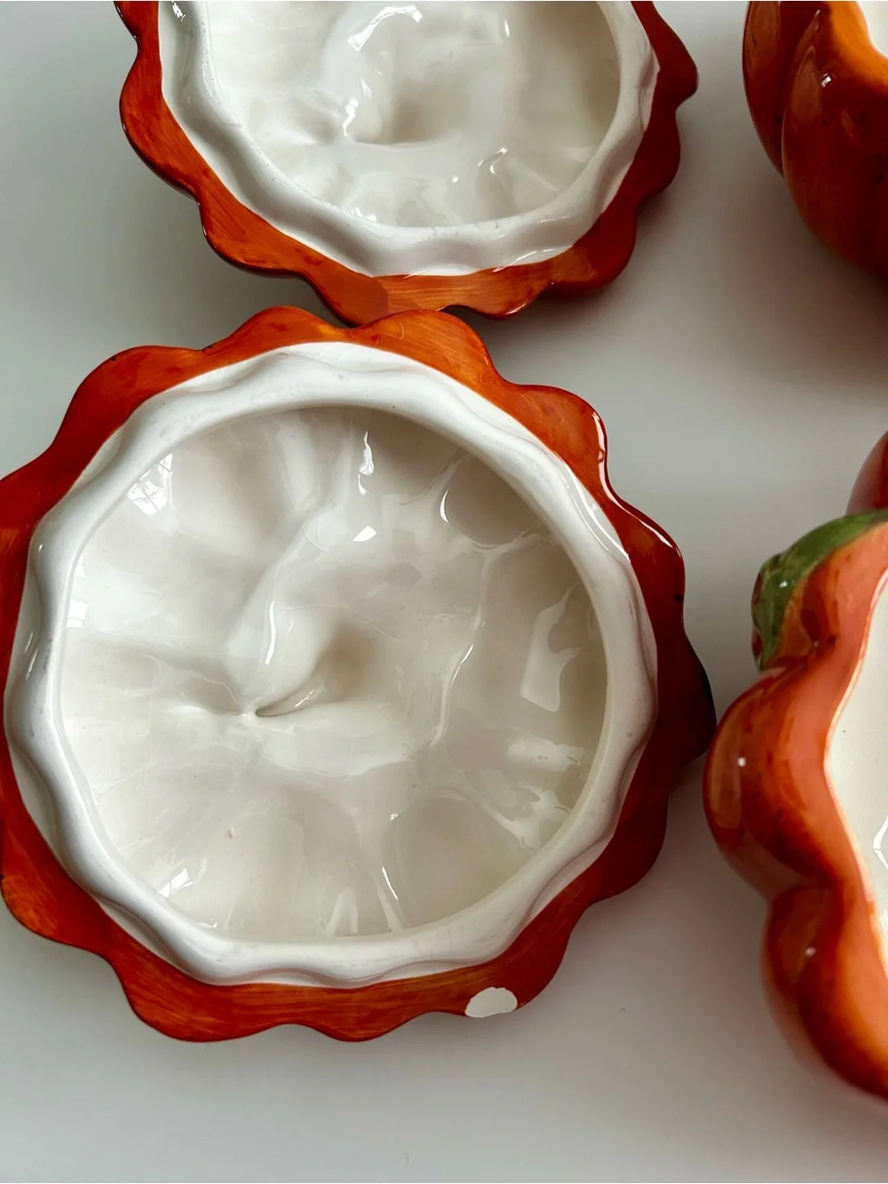 2 Glossy Ceramic Pumpkin Soup Bowl with Green Leaf Accent